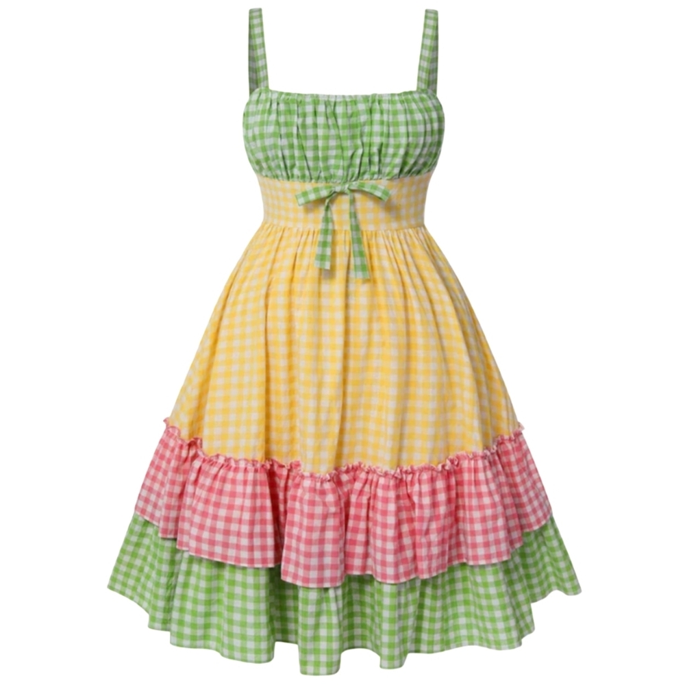 NWT Retro Stage Gingham Cotton Yellow Pink Green Dress, S